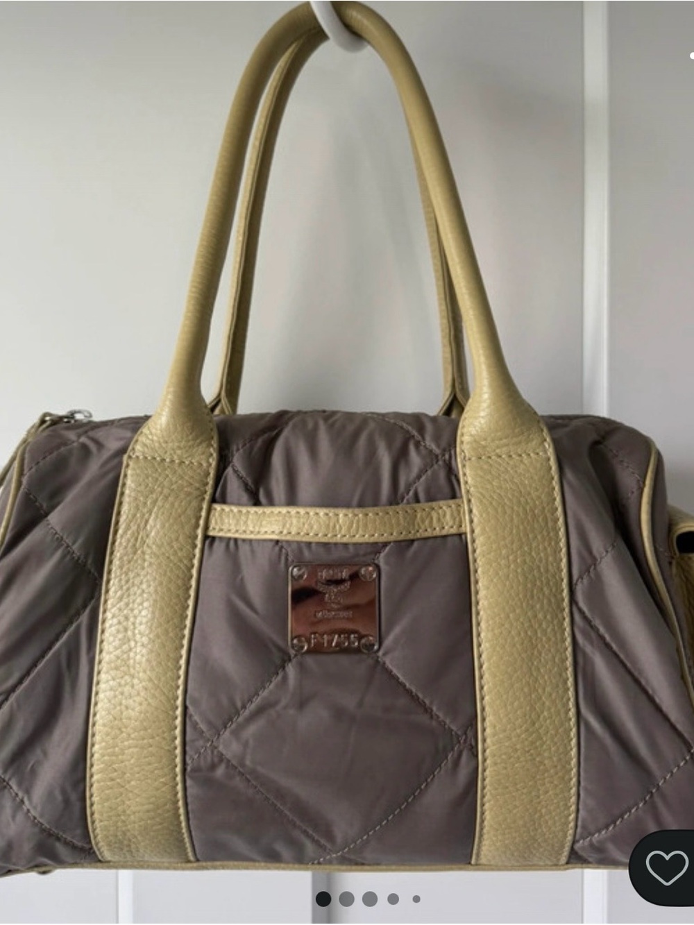 MCM unique authentic gray green bowling Boston bag nylon and Leather.